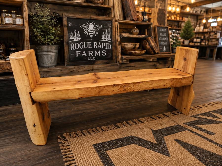 Handcrafted cedar bench from Rogue Rapid Farms