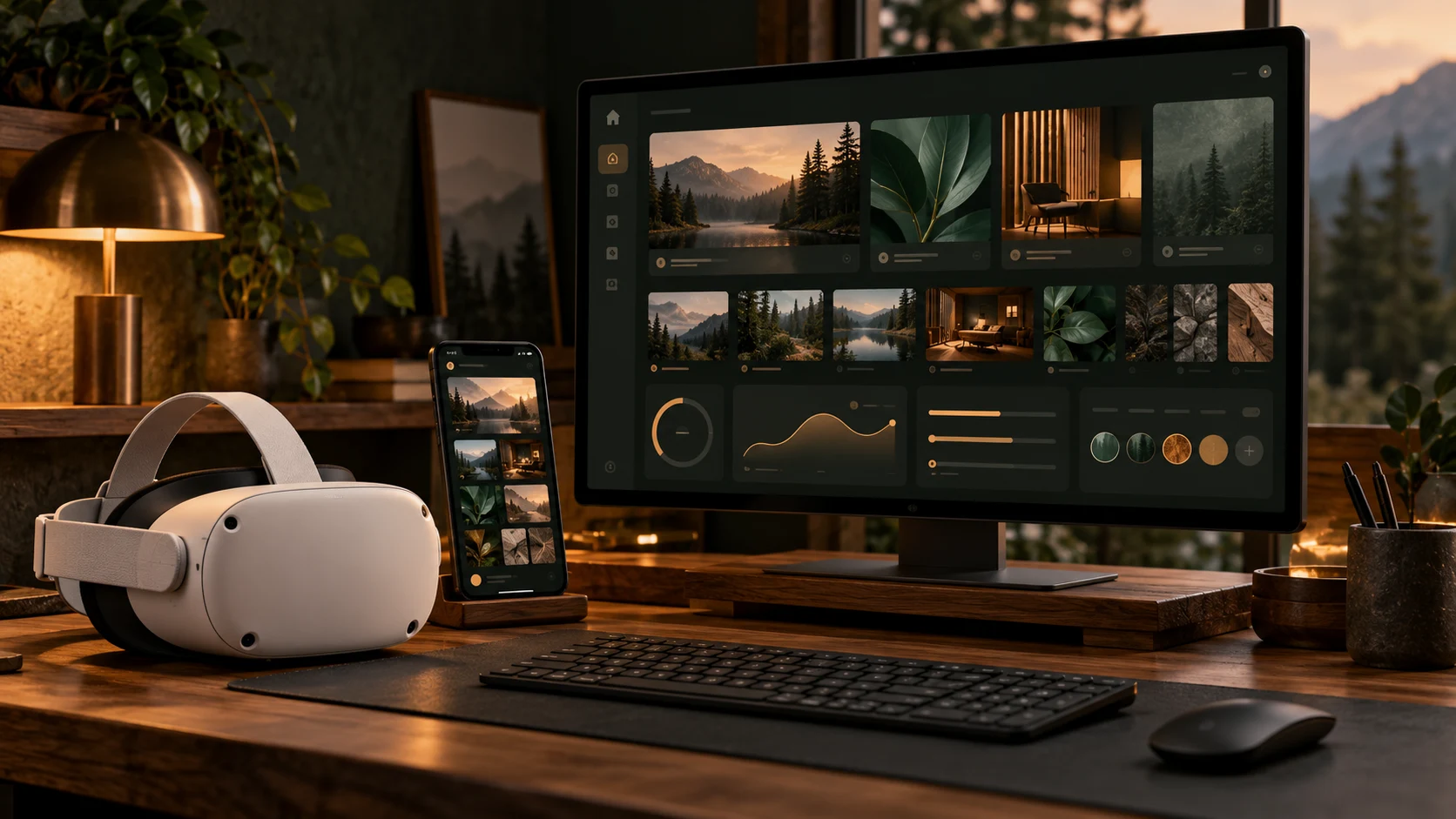 Concept artwork of a VR headset, mobile companion screen, and dashboard display