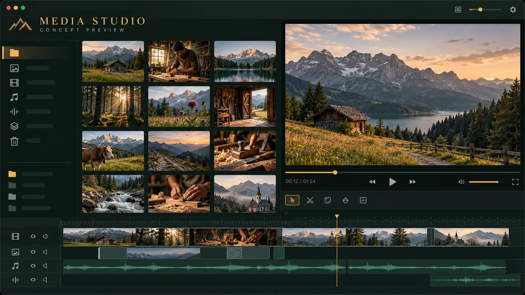 Illustrated concept interface showing a media thumbnail library and player